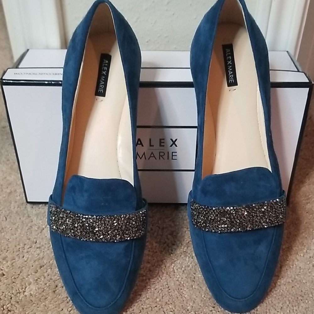 Alex Marie Blue Suede Flats with Crystal Embellishments